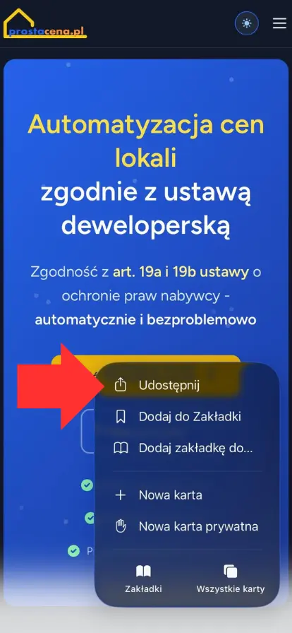 Arkusz udostępniania Safari na iPhone