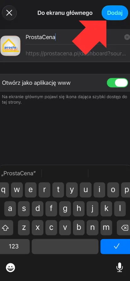 Potwierdzenie dodania do ekranu głównego na iPhone