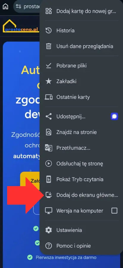 Opcja Dodaj do ekranu głównego w menu Chrome